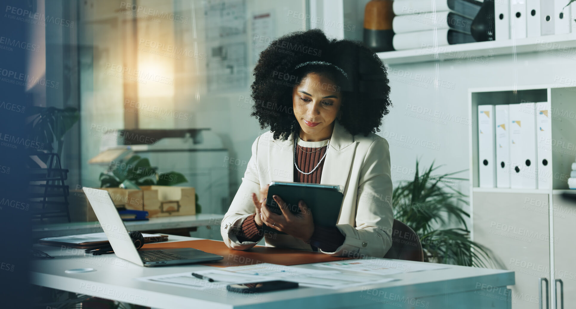 Buy stock photo Tablet, night and reading with business woman in office for planning, account manager and research. Digital review, portfolio update and client application with person in financial firm for overtime