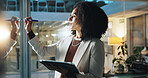 Writing, planning and business woman on tablet for research notes, schedule and project management. Office, corporate and worker on digital tech by glass for ideas, proposal and strategy at night
