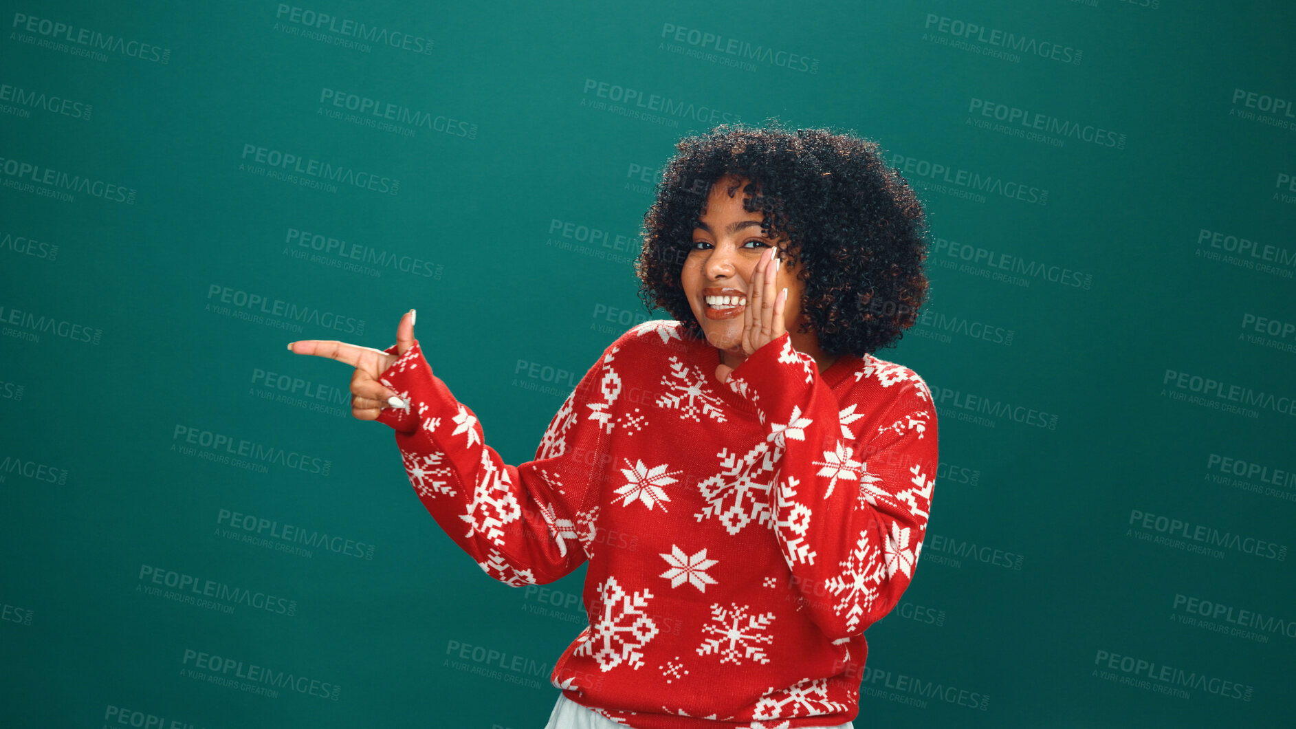 Buy stock photo Christmas, pointing and whisper with portrait of woman in studio for holiday season, celebration and promotion. Festive deals, xmas and announcement with person on green background space with mockup