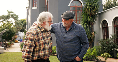 Buy stock photo Senior men, friends and hug outdoor with smile, greeting and conversation at retirement village. Elderly people, hello and embrace with discussion, reunion and happy with chat in garden in Greece