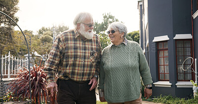 Buy stock photo Happy, outdoor and senior couple walking and holding hands for fresh air, bonding and relax in garden. Retirement, nursing home and elderly man and woman in nature for peace, love and assisted living