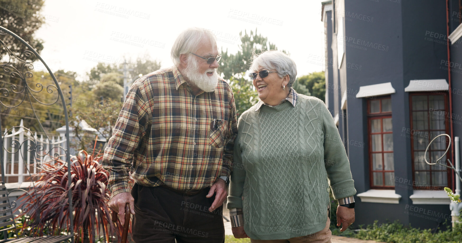 Buy stock photo Happy, outdoor and senior couple walking and holding hands for fresh air, bonding and relax in garden. Retirement, nursing home and elderly man and woman in nature for peace, love and assisted living