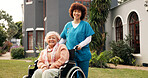 Nurse, old woman and outdoor with wheelchair in portrait, push and recovery with smile at retirement home. Caregiver, helping and elderly person with disability, rehabilitation and injury in garden