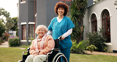 Buy stock photo Nurse, old woman and outdoor with wheelchair in portrait, push and recovery with smile at retirement home. Caregiver, helping and elderly person with disability, rehabilitation and injury in garden