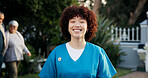 Happy, nurse and portrait of woman in garden for fresh air, wellness and relax at nursing home. Nature, backyard and confident person smile with pride for assisted living, senior care or caregiver