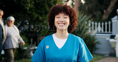 Buy stock photo Happy, nurse and portrait of woman in garden for fresh air, wellness and relax at nursing home. Career, backyard and confident person smile with pride for assisted living, senior care or caregiver