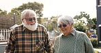 Happy, garden and senior couple walking outdoor for fresh air, bonding and relaxing in nursing home. Retirement, marriage and elderly man and woman in nature for support, love and assisted living