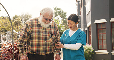 Buy stock photo Walking, nurse and support with old man for healthcare, occupational therapy and help. Kindness, rehabilitation and medical advice with person with disability in nursing home for trust and caregiver