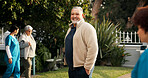 Happy, outdoor and portrait of mature man with smile for fresh air, wellness and relaxing in garden. Retirement, nursing home and senior person in nature for peace, health and assisted living