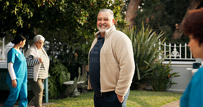 Buy stock photo Happy, outdoor and portrait of mature man with smile for fresh air, wellness and relaxing in garden. Retirement, nursing home and senior person in nature for peace, health and assisted living