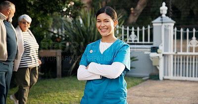 Buy stock photo Happy, nurse and portrait of woman in garden with smile for fresh air, wellness or relax at nursing home. Nature, outdoor and confident person with pride for assisted living, senior care or caregiver