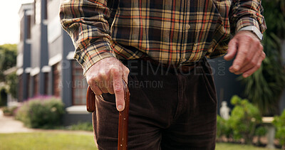 Buy stock photo Hands, senior person and outdoor with walking stick for steps, recovery and healing from injury. Patient with disability, cane and mobility aid for rehabilitation in garden at retirement village