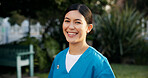 Happy, nurse and portrait of woman outdoor with smile for fresh air, wellness and relax at nursing home. Nature, backyard and confident person with pride for assisted living, senior care or caregiver
