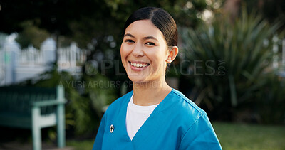 Buy stock photo Happy, nurse and portrait of woman outdoor with smile for fresh air, wellness and volunteer at nursing home. Health worker, backyard and confident person for assisted living, senior care or caregiver
