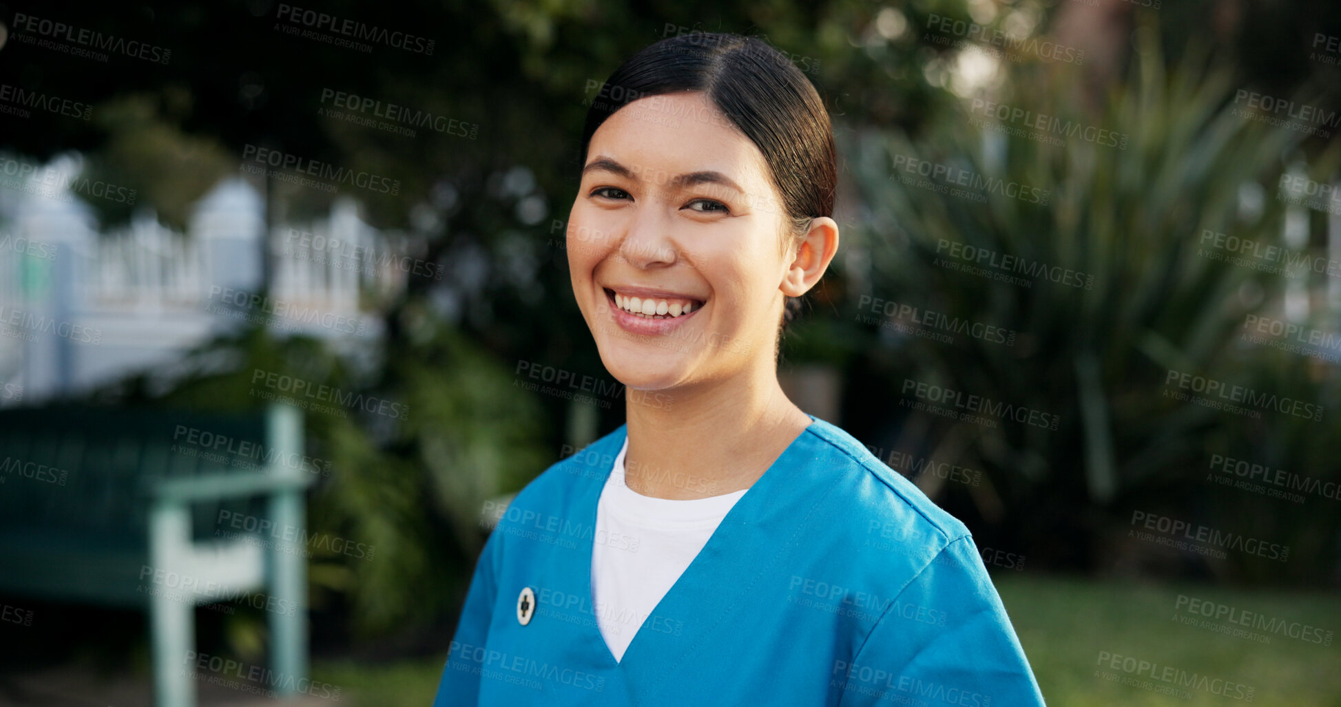 Buy stock photo Happy, nurse and portrait of woman outdoor with smile for fresh air, wellness and volunteer at nursing home. Health worker, backyard and confident person for assisted living, senior care or caregiver