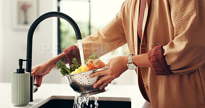 Buy stock photo Water, hands and woman with vegetables, cleaning and home with nutrition, washing and wellness. Hygiene, kitchen and person with natural ingredients, health and bell pepper with fresh food or cooking