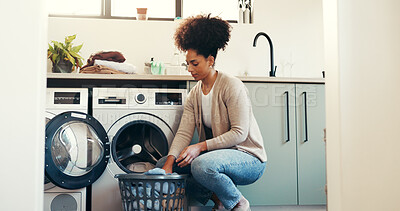 Buy stock photo Cleaning, basket and laundry with woman and washing machine for clothes, hygiene and fabric softener. Housekeeping, cleaner and chores with person in home for washroom, fresh linen and detergent