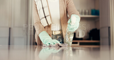 Buy stock photo Cleaning, spray and hands of person in kitchen for washing, hygiene and bacteria prevent. Sanitary, safety and dirt with cleaner and liquid in home for soap, housekeeping and germ disinfectant