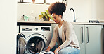 Clothes, basket and cleaning with woman and washing machine for laundry, hygiene and fabric softener. Housekeeping, cleaner and chores with person in home for washroom, fresh linen and detergent