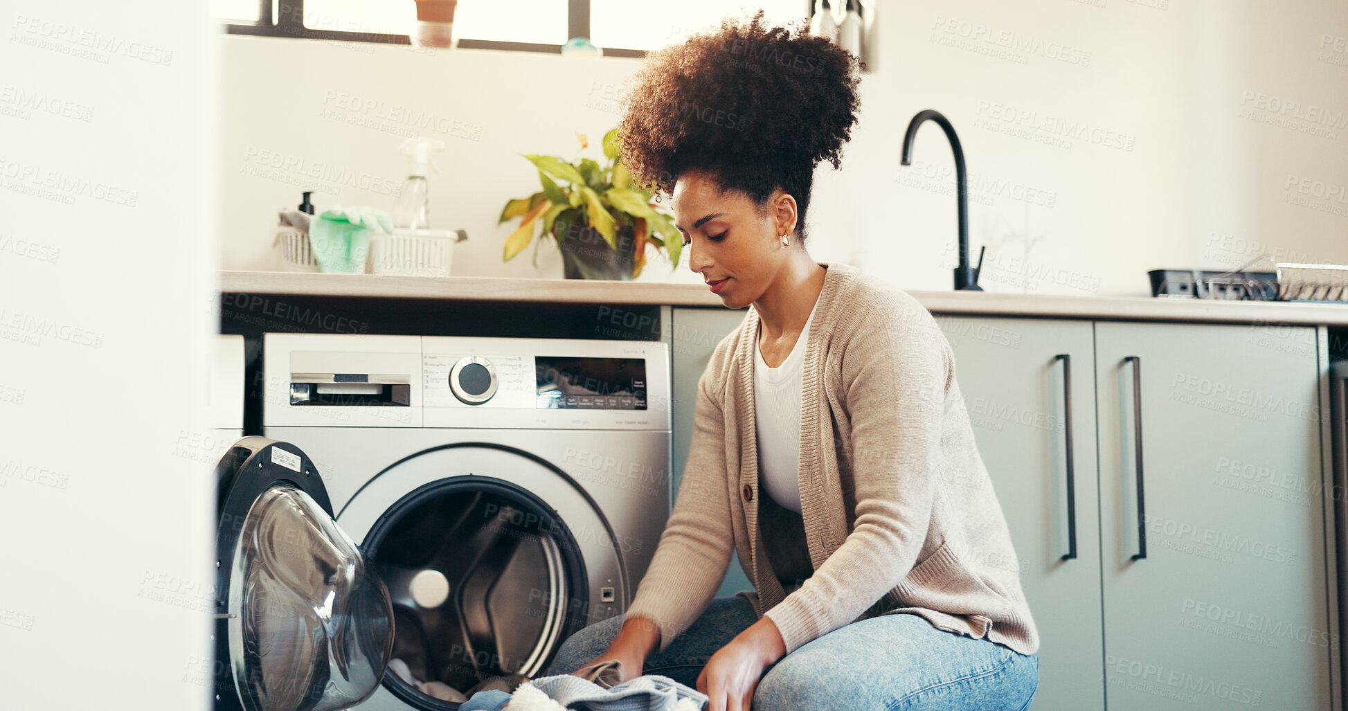 Buy stock photo Clothes, basket and cleaning with woman and washing machine for laundry, hygiene and fabric softener. Housekeeping, cleaner and chores with person in home for washroom, fresh linen and detergent