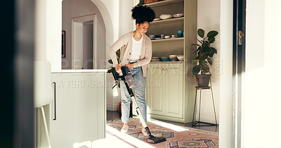 Buy stock photo Cleaning, vacuum cleaner and carpet with woman in home for dust, hygiene and housekeeping chores. Sanitary, dirt prevention and germ protection with person and floor maintenance in apartment