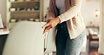 Home, cleaning and hands of woman with chair for housekeeping, daily routine and neat house. Dining table, living room and person organize furniture for chores, tidy and maintenance for housework