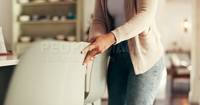 Buy stock photo Home, cleaning and hands of woman with chair for housekeeping, daily routine and neat house. Dining table, living room and person organize furniture for chores, tidy and maintenance for housework