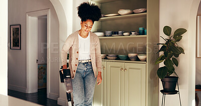 Buy stock photo Smile, woman and vacuum for cleaning house for hygiene, housework and remove dust on floors. Female person, electric machine and sanitation for dirt prevention, housekeeping routine and daily chores