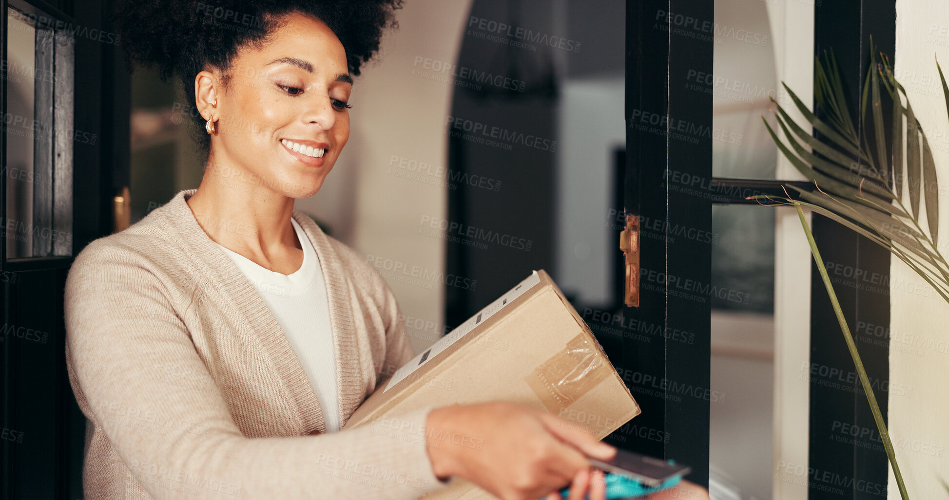 Buy stock photo Woman, credit card and box for delivery with pos, payment and logistics service at home. Debit, customer and purchase package with courier at front door for order, shipping and smile for transaction