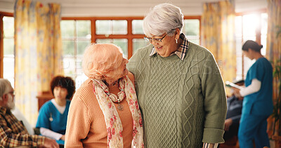 Buy stock photo Smile, laugh and hug with old women in nursing home for retirement, healthcare support and love. Elderly care, medical and caregiver facility with friends in assisted living center and comedy