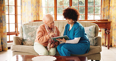Buy stock photo Tablet, healthcare and nurse with senior woman in retirement home for consultation with research. Digital technology, medical checkup and caregiver with elderly female patient for treatment plan.