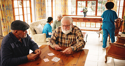 Buy stock photo Elderly men, friends and playing cards in homecare for contest, friendly competition and hobby. Senior people, game bet and challenge for retirement entertainment, cognitive activity and nursing home