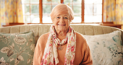 Buy stock photo Senior woman, happy and portrait on couch in lounge with pride, confident or relax in nursing home. Elderly person, smile and retirement on sofa in living room, comfortable or rest at house in France