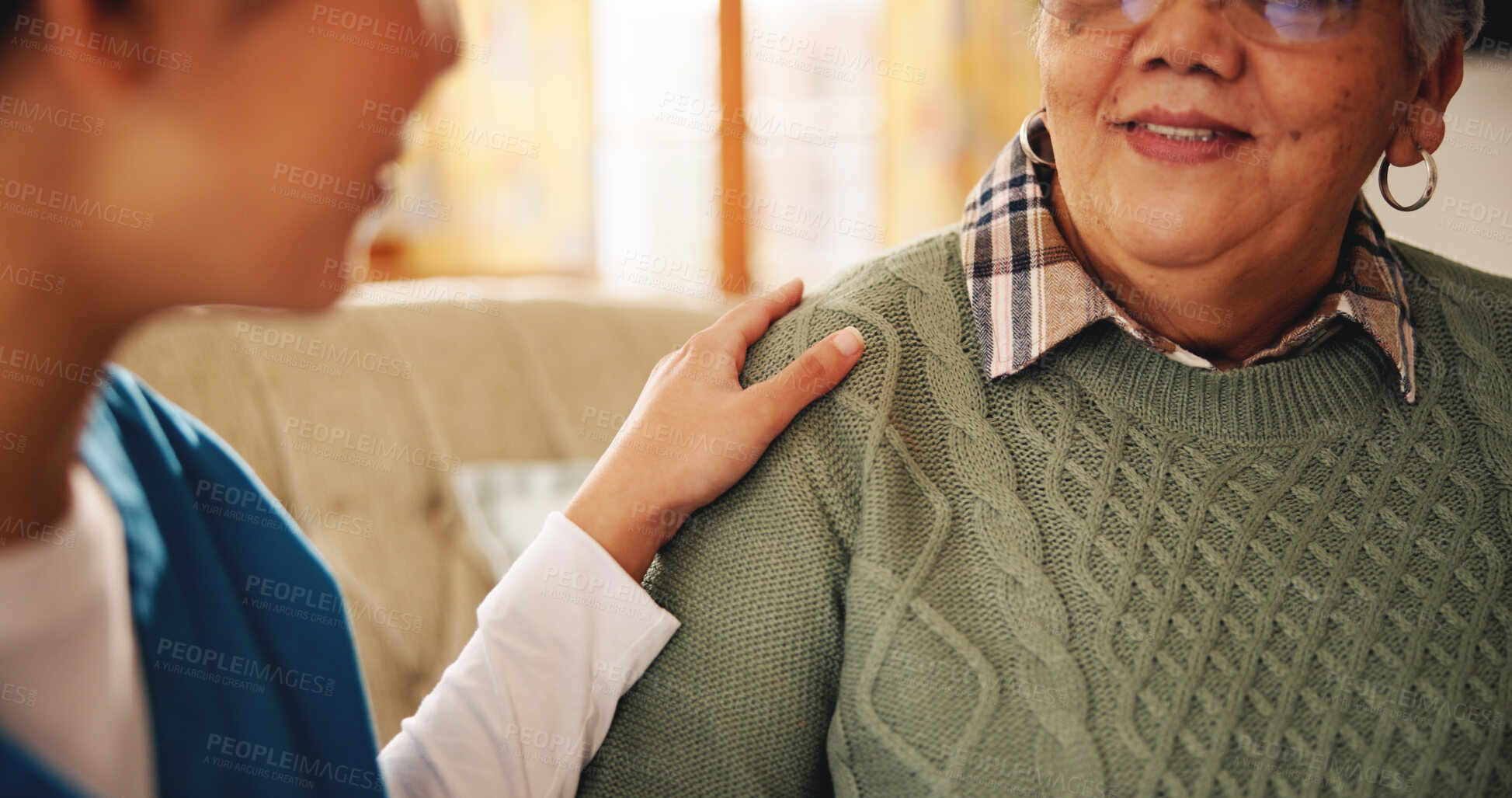 Buy stock photo Hands, old woman and nurse with comfort on sofa for smile, good news or support in lounge at retirement home. People, caregiver and senior person on couch, consulting or happy for wellness in house