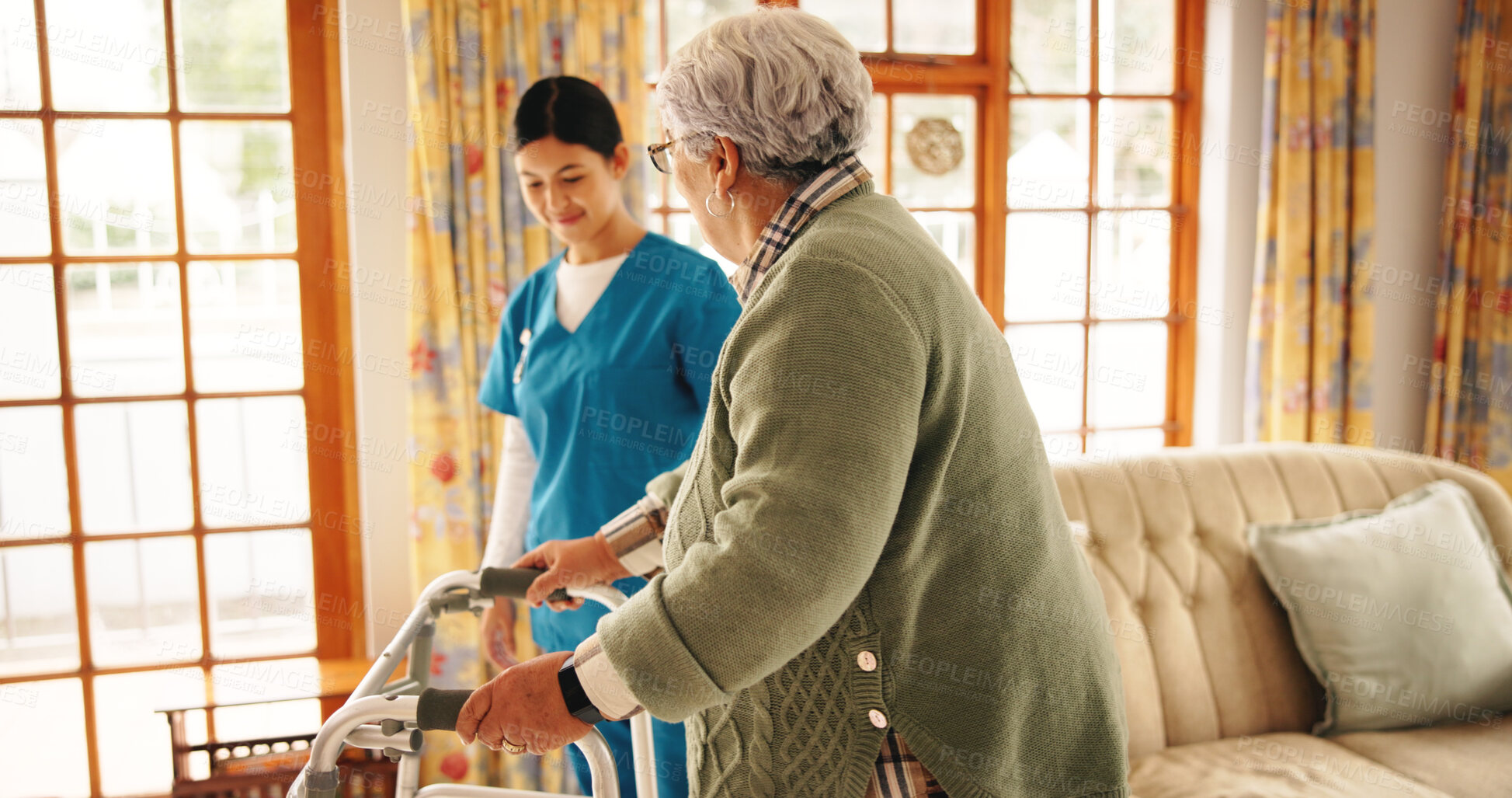 Buy stock photo Senior woman, caregiver or help with walker in nursing home for mobility or assisted living. Nurse, walking or elderly patient with healthcare aid for physiotherapy or rehabilitation in old age house