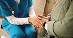 Holding hands, empathy and nurse with senior woman in retirement home with comfort for diagnosis. Healthcare, compassion and caregiver with elderly female person for medical consultation in house.