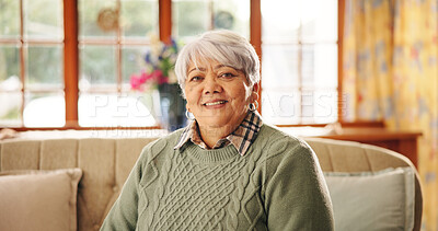 Buy stock photo Senior woman, smile and portrait on sofa in lounge with pride, pensioner and relax in retirement home. Elderly person, happy and morning couch in living room, comfortable and rest at house in Mexico
