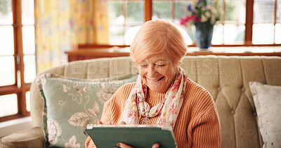 Buy stock photo Watching, online and senior woman with tablet, happy or streaming movie on web, retirement and home. Pensioner, smile and elderly person with tech for entertainment, browsing and series in house