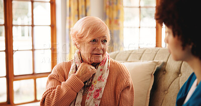 Buy stock photo Conversation, home and caregiver with senior woman on sofa for diagnosis and treatment plan. Healthcare, discussion and medical nurse with elderly female person for checkup in living room at house.