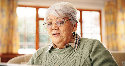 Buy stock photo Old woman, tablet and relax on couch with smile for movie, streaming and subscription in lounge at house. Senior person, tech and happy on sofa with search, application or ebook in retirement home
