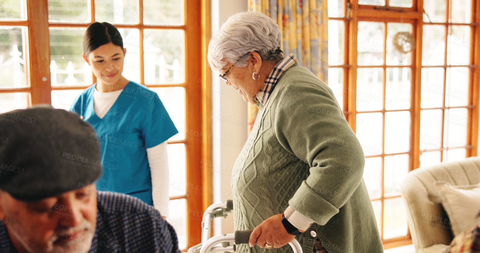Buy stock photo Senior woman, nurse and healthcare with walker in retirement home for mobility or assisted living. Caregiver, walking and elderly patient with aid for physiotherapy or rehabilitation in old age house