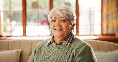 Buy stock photo Elderly woman, happy and portrait on sofa in lounge with pride, confident or relax in retirement home. Senior person, smile and morning couch in living room, comfortable and health at house in Mexico