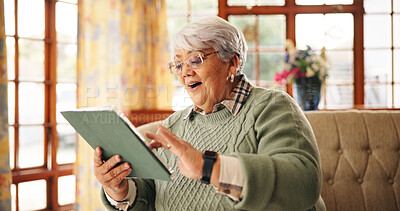 Buy stock photo Surprised, senior woman and watching movie with tablet, happy or reaction to drama on web or online. Home, pensioner and elderly person with tech for entertainment, facial expression and retirement