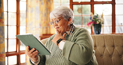 Buy stock photo Home, thinking and senior woman with tablet, online reading and website for retirement fund. Apartment, pensioner and old person on sofa, tech and digital app with solution, problem solving and email