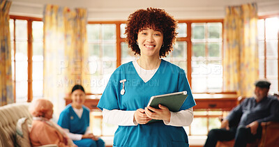 Buy stock photo Girl, nurse and portrait with tablet in nursing home for schedule, rehabilitation agenda and healthcare. Smile, caregiver and female medical professional with tech for digital support in elderly care