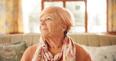Buy stock photo Happy, thinking and senior woman in home with hope, nostalgia and memory with vision. Smile, reflection and elderly person with inspiration, decision and remember in retirement in living room