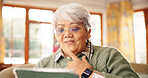 Thinking, old woman and watching movie with tablet, streaming and relax in home with website or app. Happy, senior person and entertainment with tech in house, reflection or online for film in lounge