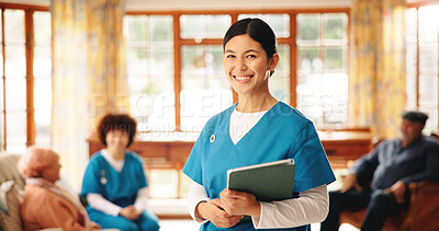 Buy stock photo Woman, nurse and portrait with tablet in nursing home for schedule, rehabilitation agenda and healthcare. Smile, caregiver and medical professional with tech for digital support in elderly care