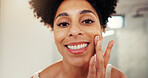 Skincare, happy and portrait of woman in bathroom with cosmetics, wellness or facial routine. Health, natural and female person from Colombia with face dermatology treatment in apartment for morning.