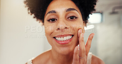 Buy stock photo Skincare, happy and portrait of woman in bathroom with cosmetics, wellness or facial routine. Health, natural and female person from Colombia with face dermatology treatment in apartment for morning.